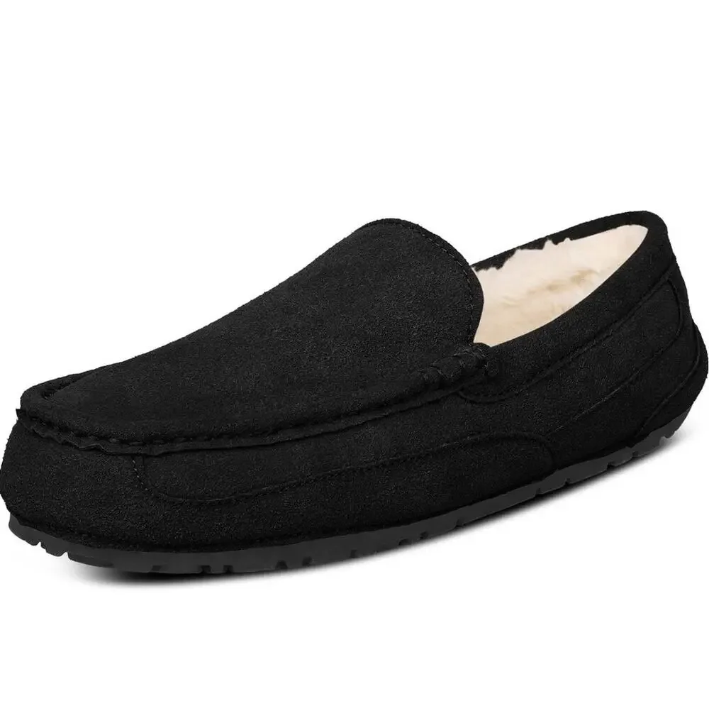 Cuiapl Mens Moccasin Slippers Black Suede Warm Fur Lined House Loafers Size 10 N